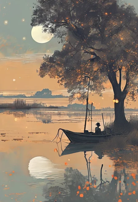 linquivera,  Ink illustration, (anime:0.5), brown tones, aged black red paper, inkpunk, moonlight,surreal, a ghost standing on a boat in swampy wetlands, (at a distance), Will-o'-the-wisp, moonlit, lonely, solitude, windy, tall trees, willows, willowy,  OverallDetail, extremely detailed, UHD,(long exposure , dystopian but extremely beautiful:1.4),<lora:- SDXL - letitflrsh_let_it_flourish_V1.0:0.8> ,<lora:Cute_Collectible:1>, <lora:XL_boss_battle:0.6>  <lora:add-detail-xl:1>,  <lora:Concept Art Twilight Style SDXL_LoRA_Pony Diffusion V6 XL:1>,  <lora:MJ52:1>