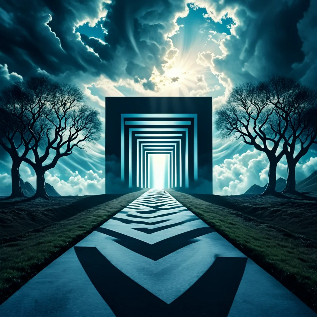 <lora:Geometric_Dreamlike_Movie_r1:1> no humans, cloud, tree, sky, scenery, outdoors, cloudy sky, door, blue sky, nature, ArsMovieStill, A dreamlike movie still, The image is a digital art piece that appears to be a surreal landscape. It shows a long winding road that leads to a large rectangular structure that is lit up with blue and white lights. The structure is made up of multiple lines that form a tunnel-like shape creating a sense of depth and dimension. The sky is filled with dark clouds and the sun is shining through the clouds casting a warm glow on the scene. On either side of the road there are tall trees with bare branches casting shadows on the ground. The overall mood of the image is eerie and mysterious.