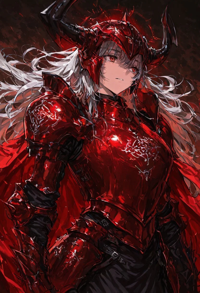 (masterpiece), (best quality), (ultra-detailed), amazing quality, very aesthetic, illustration, newest, upper body, colorful, vibrant, looking to the side, (oil painting:1.1), cinematic lighting, <lora:Avarice:1>, edgeofavarice, avarice, glowing silver runes, dark fantasy,
1girl, solo, cape, angelic_emblem_on_cape long sleeves, faulds, horned helmet, full_helmet, black and red armor, spiked armor, spiked gauntlets, spiked helmet, full_armor, full_plate_armor, winged_helmet, gold_armor, winged_shoulders, clawed_gauntlets, holy_emblem, segmented_faulds, tattered_cape, aura_of_hope, inspiring_presence, holy_glow, massive_blade, battlefield_setting, heavy_armor, silver hair