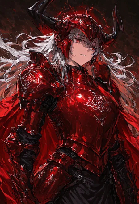 (masterpiece), (best quality), (ultra-detailed), amazing quality, very aesthetic, illustration, newest, upper body, colorful, vibrant, looking to the side, (oil painting:1.1), cinematic lighting, <lora:Avarice:1>, edgeofavarice, avarice, glowing silver runes, dark fantasy,
1girl, solo, cape, angelic_emblem_on_cape long sleeves, faulds, horned helmet, full_helmet, black and red armor, spiked armor, spiked gauntlets, spiked helmet, full_armor, full_plate_armor, winged_helmet, gold_armor, winged_shoulders, clawed_gauntlets, holy_emblem, segmented_faulds, tattered_cape, aura_of_hope, inspiring_presence, holy_glow, massive_blade, battlefield_setting, heavy_armor, silver hair