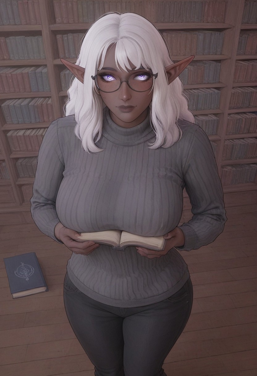 night time library scenery, rating_questionable, score_9, score_8_up, score_8, score_9, score_8_up, score_7_up, score_6_up, pin up art, (dutch angle:.7), voluptuous buxom milf elf librarian, dark blue gray skin, glowing amethyst eyes, white hair, black and gray striped sweater, oval glasses, face focus, shy, carrying stack of books, view from above