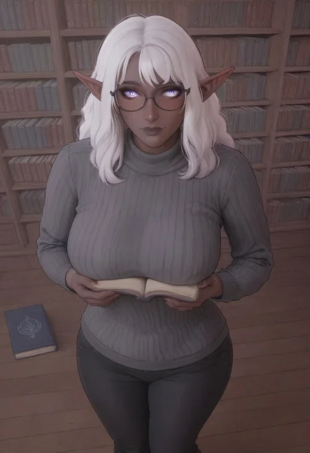 night time library scenery, rating_questionable, score_9, score_8_up, score_8, score_9, score_8_up, score_7_up, score_6_up, pin up art, (dutch angle:.7), voluptuous buxom milf elf librarian, dark blue gray skin, glowing amethyst eyes, white hair, black and gray striped sweater, oval glasses, face focus, shy, carrying stack of books, view from above