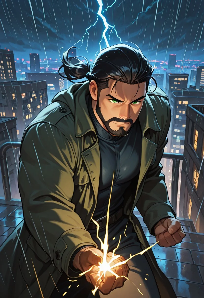 (masterpiece), best quality, 1boy, mbti_enfj, mature man, muscle man, green eyes, black-tied hair, facial hair, city rooftop, night cityscape, heroic stance, urban protector, vigilant gaze, windblown coat, dynamic shadows, glowing city lights, rainy street reflection, hopeful atmosphere, strong jawline, intense focus, lightning flash, steam from vents, distant sirens