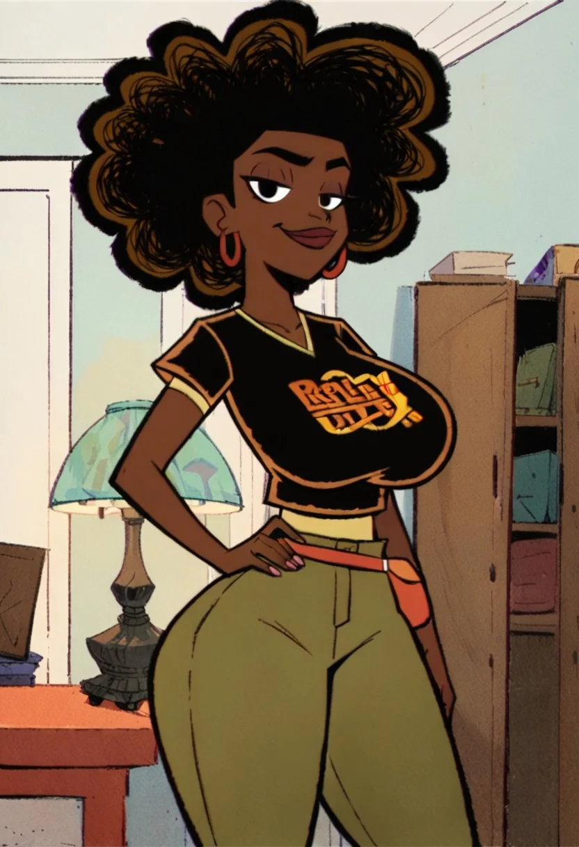 Score_9_up, score_8_up, score_7_up, score_6_up, BREAK, Expressiveh, 1girl, solo, adrialafmg, dark-skinned female, black hair, afro, black shirt, yellow undershirt, green pants, belt, enormous breasts, hyper breasts, wide hips, huge ass, thick thighs, cleavage, looking at viewer, smirk, hoop earrings, bedroom, smile, half lidded eyes