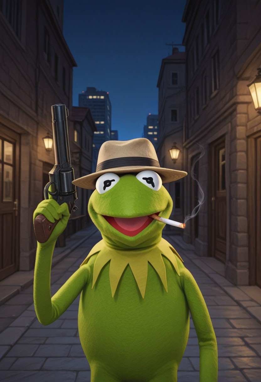 alleyway, dark alleyway, city, night, night time, Kermit The Frog, Green Puppet, Holding banjo, upper body, looking at viewer, holding gun, pistol in hand, one gun, weapon, cigarette, smoking, striped fedora, wearing a fedora,