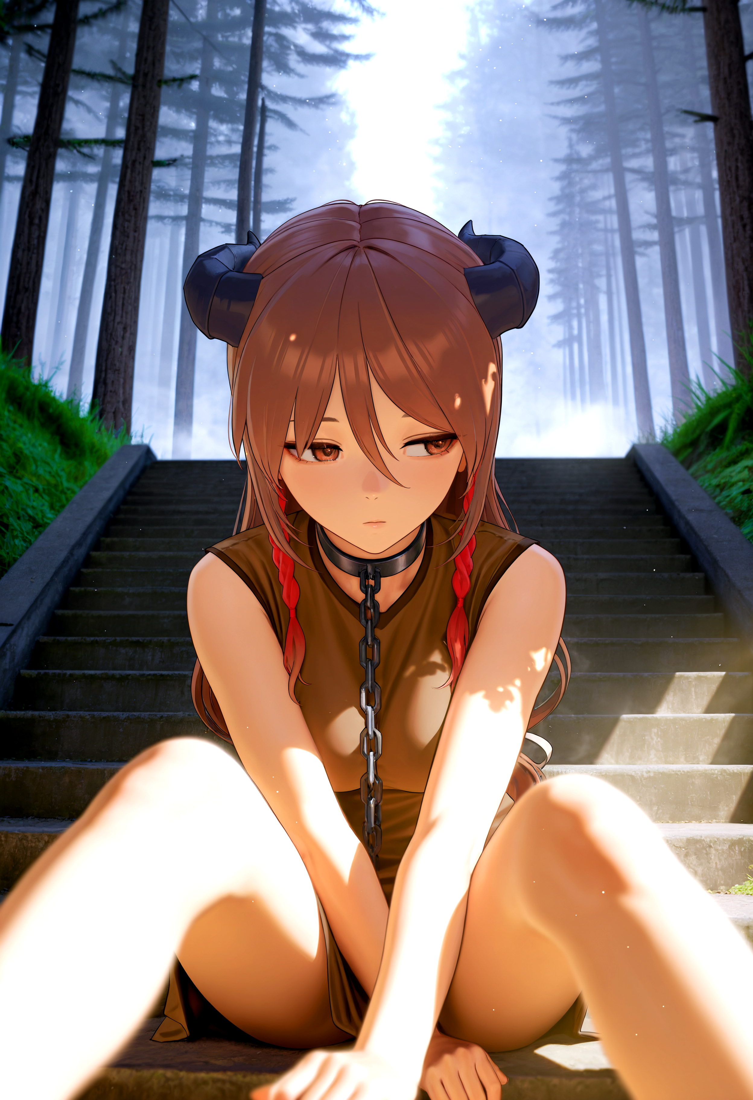 HDR, 8K, high contrast, masterpiece, best quality, amazing quality, very aesthetic, high resolution, ultra-detailed, absurdres, newest, scenery, dynamic angle, close up, foreshortening, gw_ryoko, 1girl, demon horns, red eyes, brown eyes, long hair, brown hair, hair between eyes, twin braids, multicolored hair, bangs, chain, chain leash, metal collar, ribbon, medium breasts, long shirt, brown shirt, sleeveless shirt, looking away, bored, lonely, depressed, outside, forest, sitting, on stairs, legs spread, fog, smoke, BREAK, photorealistic, beautiful detailed eyes, detailed skin, detailed hair, volumetric lighting, dappled light, light particles, dramatic shadows, cinematic lighting, photo background, depth of field, <lora:IL\KMS_GW_Ryoko_IL:0.7>