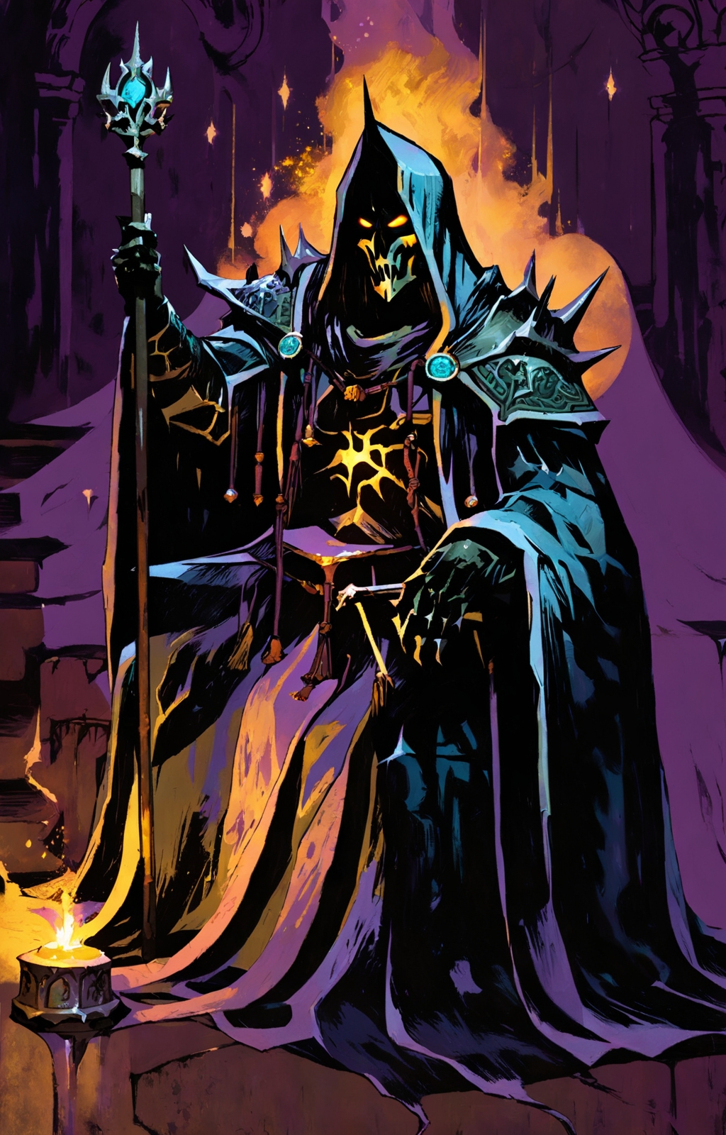 lich king with dark robe sitting on a thrown, holding a magic staff, masterpiece, 8k, finest details, best quality, ambient light, low contrast, soft shadows, imperfections, ambient light, dark cellar,  cptrt style <lora:cptrt-step00002000:0.9>
