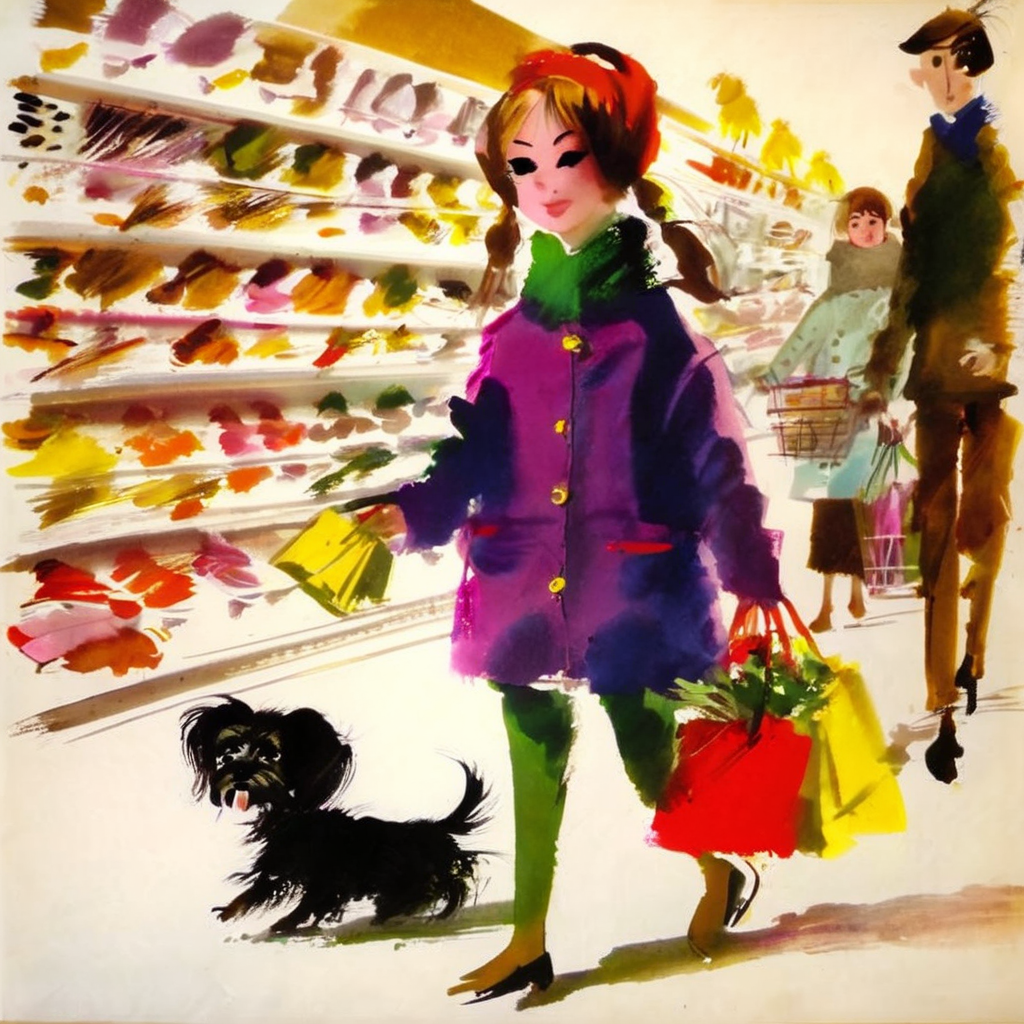 grabianski girl with a small dog shopping in the store<lora:grabianski:1>