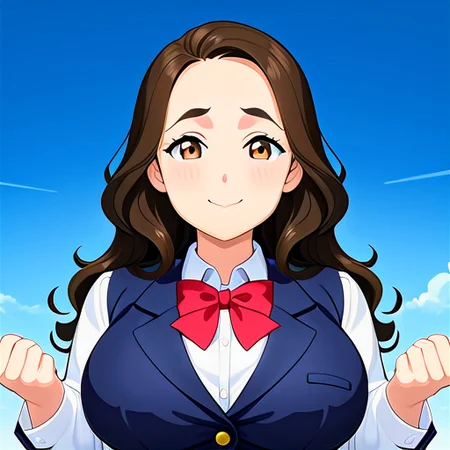 anime, best quality, (masterpiece:1.4), (high quality:1.4), sharp focus, 4k, absurd resolution, detailed hands, curly hair, long hair, (black hair:1.3), 1girl, mature female, smug, (parted hair:1.7), (round face), (no_bangs:1.3), (no_fringe:1.6), <lora:ETO_OC_XL:0.7>, looking at viewer, (thick eyebrows), sundress, (plump:0.8), round-chin, (greenish brown eyes), (brownish green eyes), big breasts, caucasian, down-turned eyes, blush, 1girl, forehead, <lora:printemps lovelive XL:0.8> winter uniform, blue blazer, summer uniform, yellow vest, casual,