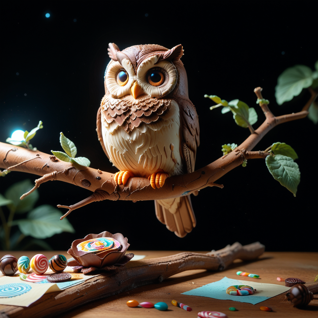 lazyup, owl, vxc4k3, feathered with layered crepe paper, perched on a caramel-drip branch, fondant moonlit night, candy-insects glowing, highly detailed edible woodland. <lora:vx_cake_pony:1.1000000000000003> <lora:TrendCraft_The_Peoples_Style_Detailer-v2.0A-3_13_2025-PonyXL:0.4000000000000001>