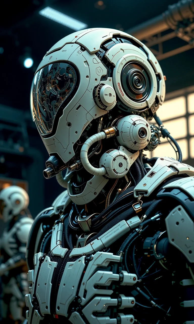 Hyper-realistic, futuristic robot with complex mechanical parts and humanoid skin, detailed robotic textures blending seamlessly with organic features, cyberpunk style design, soft and dramatic lighting, ultra-high resolution details, neutral and metallic tones, studio background industrial vibe, cinematic composition<lora:flux1-D\flux.1_lora_flyway_Epic-Characters_v1.safetensors:0.7000000000000001:1.0> <lora:flux1-D\flux_realism_lora.safetensors:0.4:1.0>