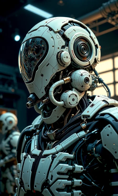 Hyper-realistic, futuristic robot with complex mechanical parts and humanoid skin, detailed robotic textures blending seamlessly with organic features, cyberpunk style design, soft and dramatic lighting, ultra-high resolution details, neutral and metallic tones, studio background industrial vibe, cinematic composition<lora:flux1-D\flux.1_lora_flyway_Epic-Characters_v1.safetensors:0.7000000000000001:1.0> <lora:flux1-D\flux_realism_lora.safetensors:0.4:1.0>