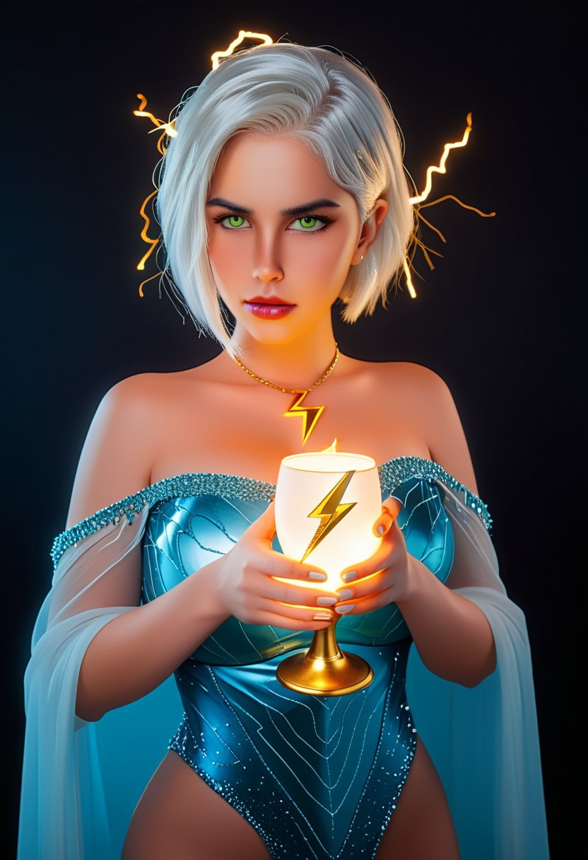 A beautiful goddess standing behind beautiful translucent goblet holy grail glass chalice containing ((GOLDEN glowing lightning bolt symbol)), BREAK v3r0t1k4, 1girl, solo, realistic, goddess intricate dress, ((covered nipples:1.2)), cleavage, (huge breasts:1.4), (sagging breasts:1.2) ((green eyes, perfecteyes, lashes)), (((white hair:1.4), crown, stylish (Short hair:1.4), hair intakes)), BREAK, striking lighting in background, high quality, extreme detail, ultra hd,