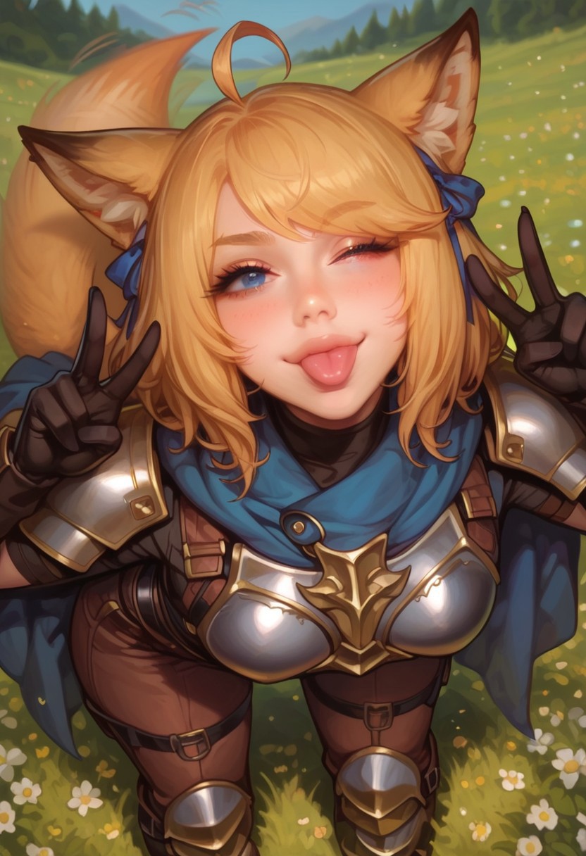 score_9, score_8_up, score_7_up, NSFW, masterpiece, (((solo, solo focus))), volumetric lighting, cinematic background,
BREAK
(((medium hair, blond hair, hair ribbon, swept bangs, ahoge))), sultry expression, beautiful face, 20 years old, pale skin, curvy waist, wide hips, medium round breasts, blush, thick thighs, thick eyelashes, (((blue eyes))), sexy lips, perfect lips, sharp nose, looking at viewer, closed mouth, blushing, seductive look, 
BREAK
(((standing, leaning forward, cute smile, wink, double peace sign, tongue out, teasing))), (((platearmor, leather armor, gloves, brown pants, leather boots, blue cloak, fox ears, single fox tail, tail motion, tail wag))),
BREAK
outdoors, open field, flowers, butterfly, colorful, mountain, trees, day, (((detailed background))), (((bird's eye view, depth of field))),