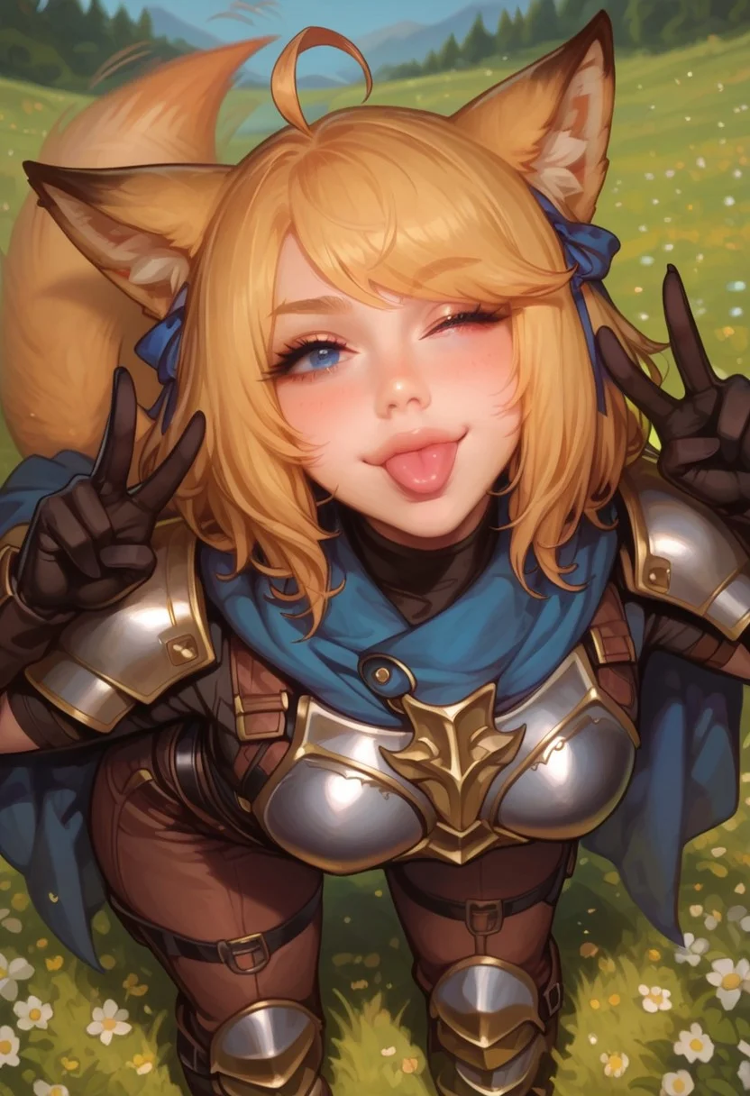 score_9, score_8_up, score_7_up, NSFW, masterpiece, (((solo, solo focus))), volumetric lighting, cinematic background,
BREAK
(((medium hair, blond hair, hair ribbon, swept bangs, ahoge))), sultry expression, beautiful face, 20 years old, pale skin, curvy waist, wide hips, medium round breasts, blush, thick thighs, thick eyelashes, (((blue eyes))), sexy lips, perfect lips, sharp nose, looking at viewer, closed mouth, blushing, seductive look,
BREAK
(((standing, leaning forward, cute smile, wink, double peace sign, tongue out, teasing))), (((platearmor, leather armor, gloves, brown pants, leather boots, blue cloak, fox ears, single fox tail, tail motion, tail wag))),
BREAK
outdoors, open field, flowers, butterfly, colorful, mountain, trees, day, (((detailed background))), (((bird's eye view, depth of field))),