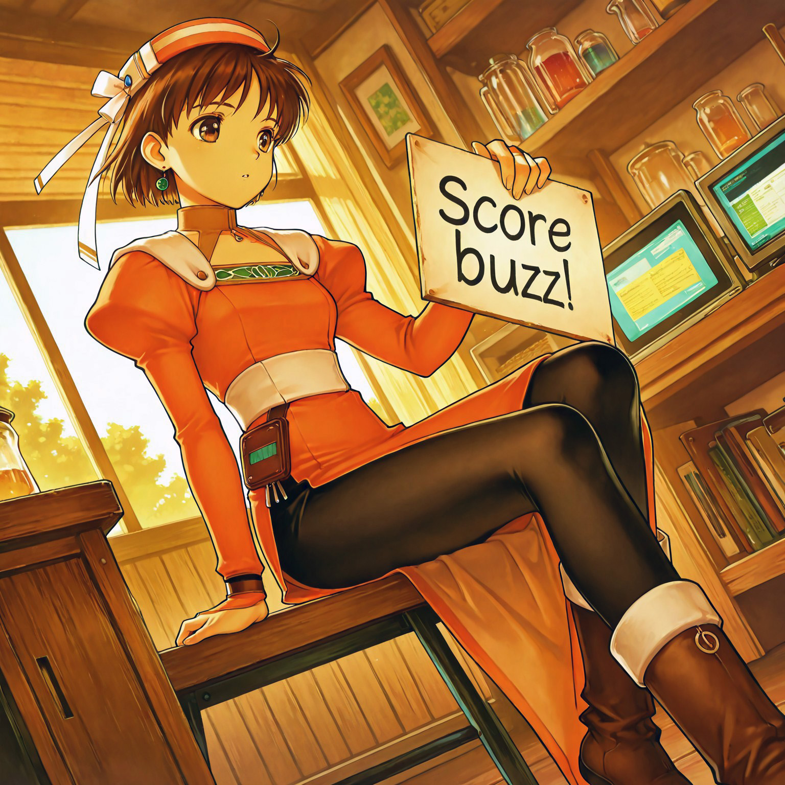 lazympos, score_9, score_8_up, score_7_up, source_anime, masterpiece, best quality, amazing quality, very aesthetic, high resolution, ultra-detailed, beautiful eyes, absurdres, scenery, depth of field, volumetric lighting, dynamic angle, 
1girl,solo,elfir_traum,short hair,brown hair,brown eyes,e_hat,e_clothes,bridal gauntlets,black_pantyhose,boots,
middle breasts, anime style, sitting, need_buzz, holding sign, sign made of wood, perfect hands,
indoors, table, shelf, monitor, science,