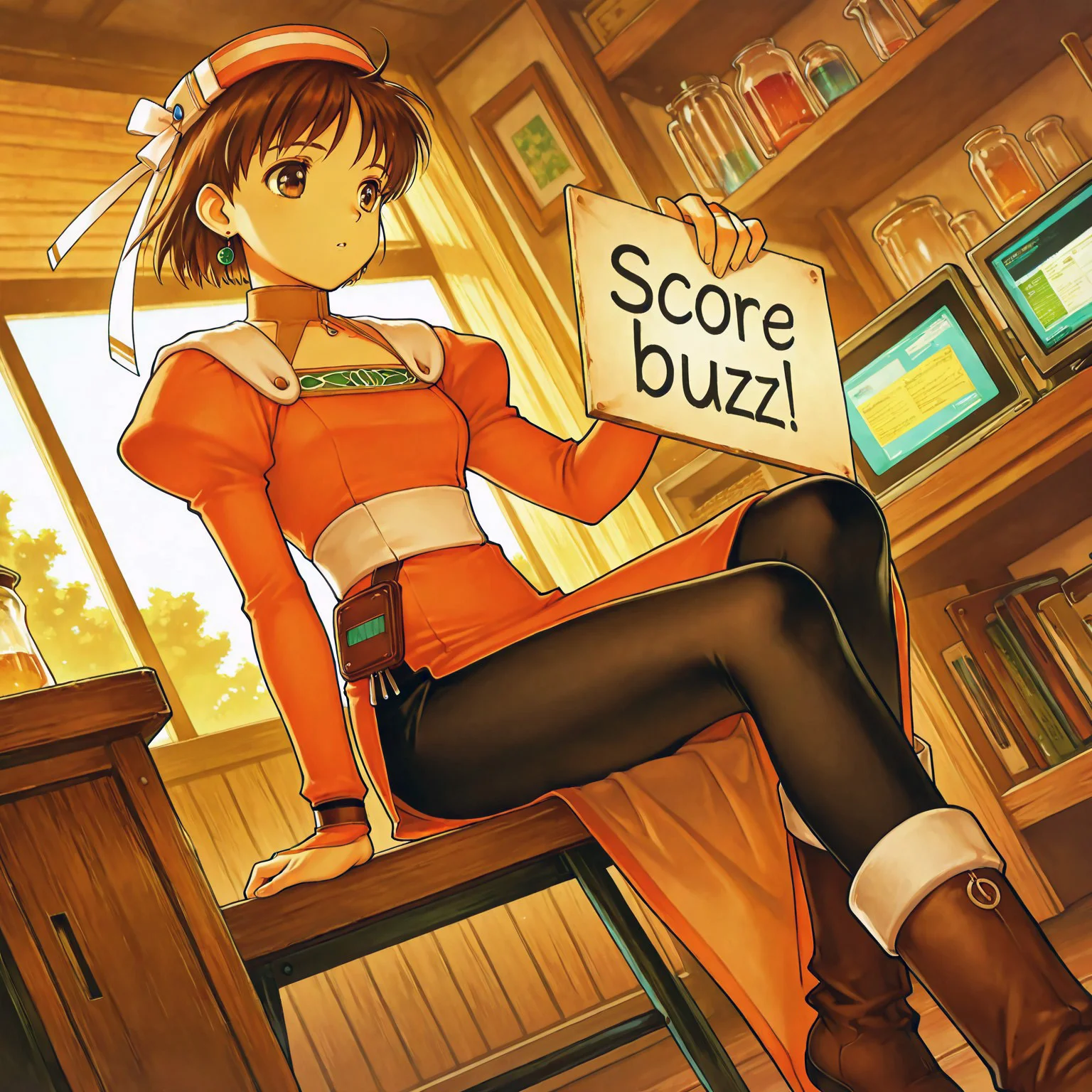 lazympos, score_9, score_8_up, score_7_up, source_anime, masterpiece, best quality, amazing quality, very aesthetic, high resolution, ultra-detailed, beautiful eyes, absurdres, scenery, depth of field, volumetric lighting, dynamic angle,
1girl,solo,elfir_traum,short hair,brown hair,brown eyes,e_hat,e_clothes,bridal gauntlets,black_pantyhose,boots,
middle breasts, anime style, sitting, need_buzz, holding sign, sign made of wood, perfect hands,
indoors, table, shelf, monitor, science,