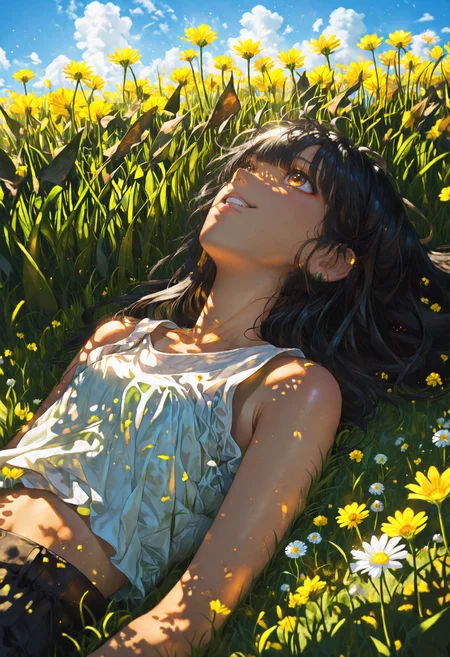 nlstn, glowing, 1girl, 18 years,amber maroon brown eyes,black hair, long hair, messy fuzzy hair, partial blunt bangs, ear clip, small flat chest, flat breast, tan, tan skin, blade of grass in the mouth, smiling, day, white oversize t-shirt, bare shoulders, midriff, dramatic scene, dandelion flower, sunlight, grass, plant, nature, light particles, looking up, lying, on back, on grass, outdoors, parted lips, sleeveless, sleeveless dress, solo, sunlight, upper body, white dandelion, field,meadow, flower field, light wind, glowing, blue sky, fluffy clouds,<lora:NLSTN-IL:1> <lora:lighting-NAI:1> <lora:Dramatic Lighting Slider:1> <lora:sunriseSDXL:1>