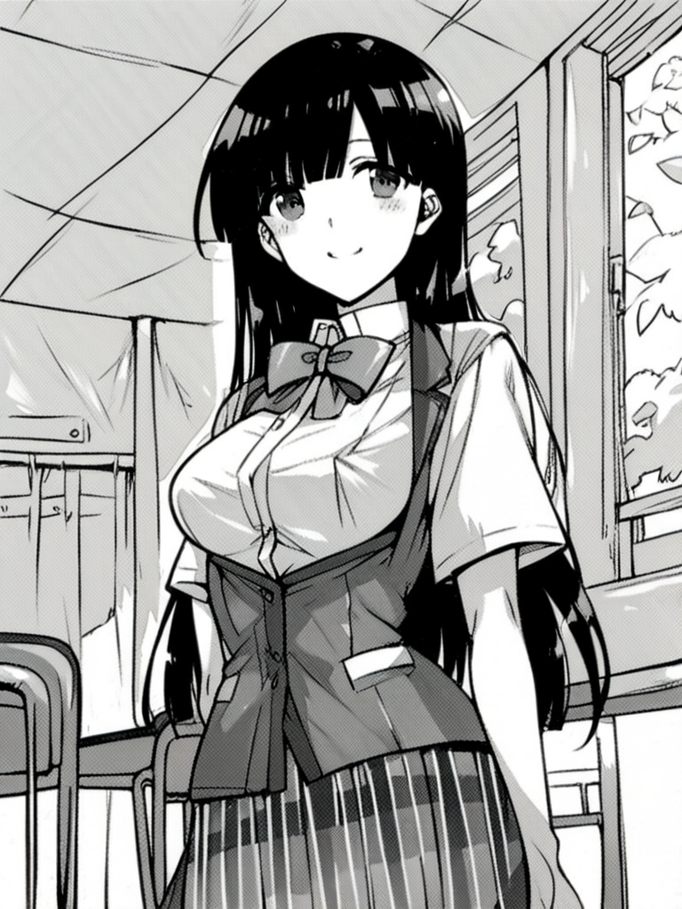 score_9, score_8_up, score_7_up, 
1girl, monochrome, hoozuki fumika, black hair, long hair, medium breasts,


standing, smile, looking at viewer, 
school uniform,  waist coat, white shirt, short sleeves, bowtie, plaid skirt, 