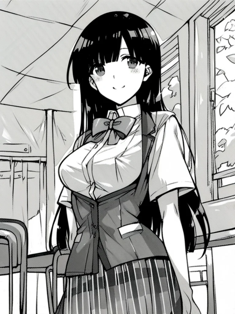 score_9, score_8_up, score_7_up, 
1girl, monochrome, hoozuki fumika, black hair, long hair, medium breasts,


standing, smile, looking at viewer, 
school uniform,  waist coat, white shirt, short sleeves, bowtie, plaid skirt, 
