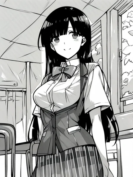 score_9, score_8_up, score_7_up,
1girl, monochrome, hoozuki fumika, black hair, long hair, medium breasts,
standing, smile, looking at viewer,
school uniform, waist coat, white shirt, short sleeves, bowtie, plaid skirt,