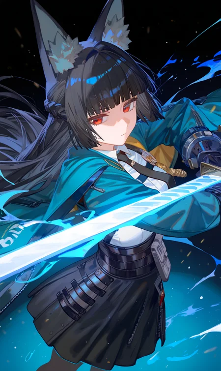 1girl, hoshimi miyabi, zenless zone zero, rei \(sanbonzakura\), torino aqua, (ciloranko:0.9), lack, from above, from side, foreshortening, animal ear fluff, black gloves, black hair, black necktie, black skirt, blunt bangs, closed mouth, fox ears, fox girl, green jacket, high-waist skirt, holding sword, glowing katana, energy, long hair, red eyes, serious, sidelocks, solo, white shirt, blue theme, black background, depth of field, cinematic, masterpiece, best quality, good quality, newest, highres, absurdres