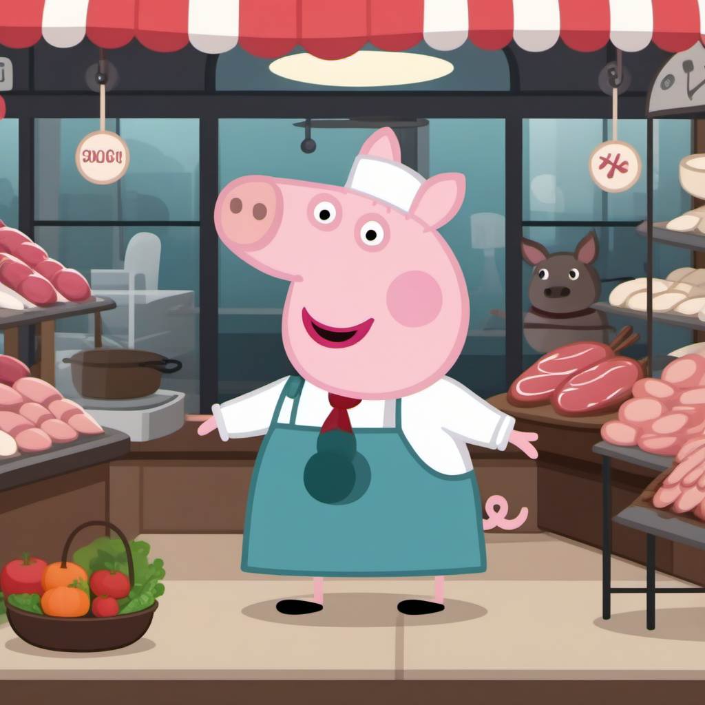 cinematic photo a cartoon pig dressed as a butcher, butcher's shop <lora:Peppa1024:0.8> . 35mm photograph, film, bokeh, professional, 4k, highly detailed