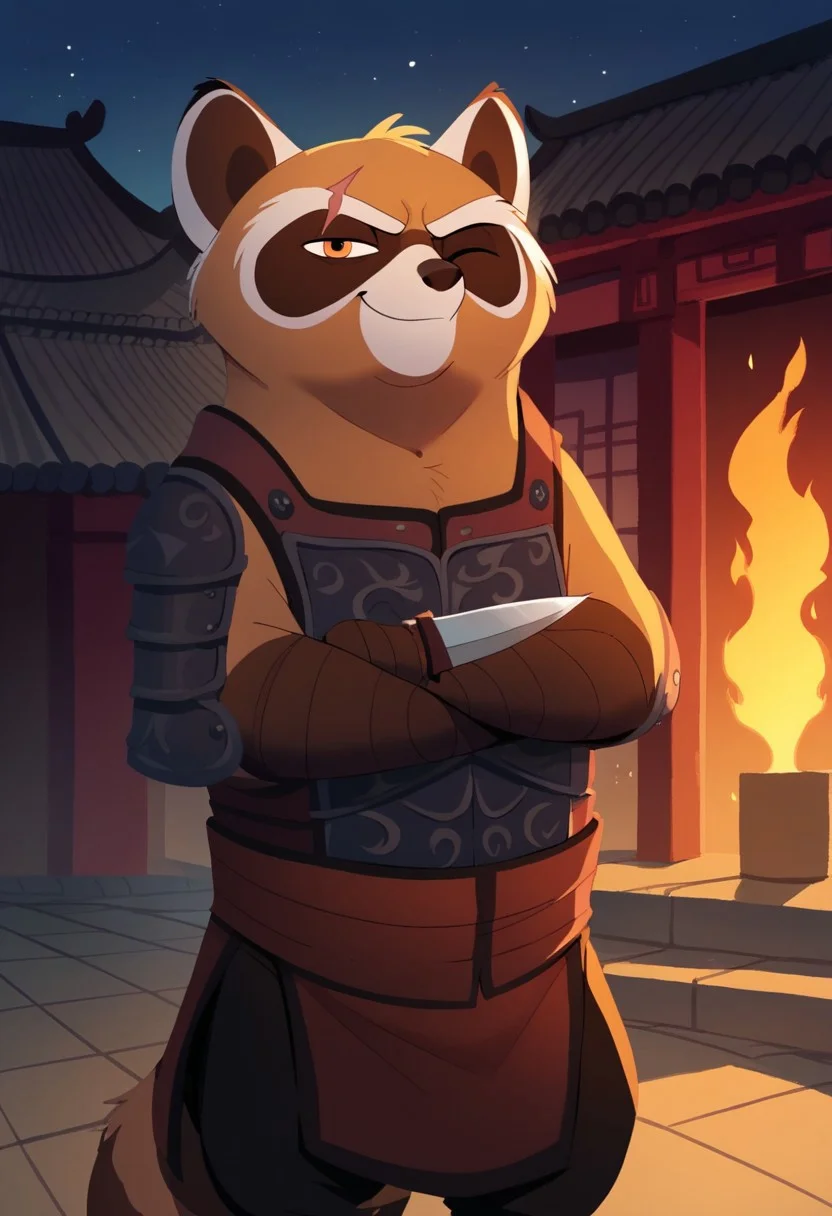 kfp2d, solo, 1boy, score_9, score_8_up, score_7_up, score_6_up, score_5_up, score_4_up, source_furry, hi res, sfw. 2D artwork.
red panda, male, feral, dark fur, small body, armor, mature male, muscular, brown fur, black fur, one-eyed, left eye closed, scar on left eye.
mechanical armor, chinese traditional clothing, smug_expression, evil gaze, knives in armor, knives on back.
crossed arms, looking at viewer, raccoon tail, standing, biped, looking at viewer
On a temple, outdoors, fire, at night.