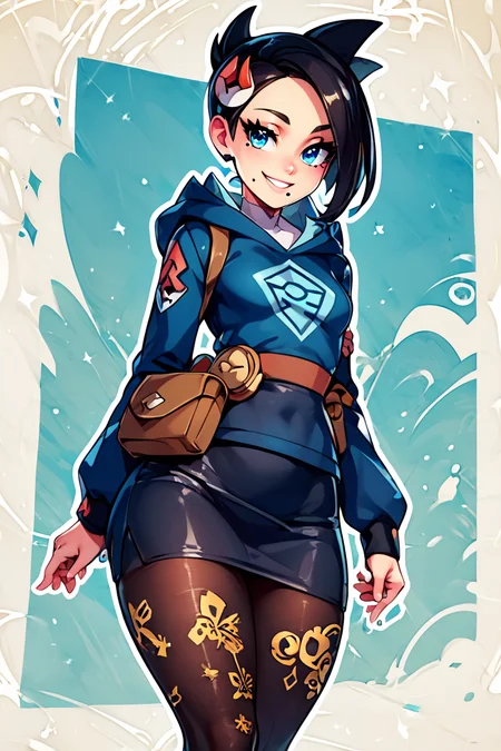 score_9, score_8_up, score_8, medium breasts, (curvy), cute, eyelashes, BREAK, , zzMai, black hair, blue eyes, mole, mole under mouth, short hair, eyelashes, black footwear, black skirt, boots, brown bag, character print, diamond clan outfit, hood, hood down, jacket, pantyhose, pouch, print pantyhose, skirt, long sleeves, <lora:MaiPokemon_PDXL:0.8>, , BREAK, smile, looking at viewer, abstract background, white outline, cowboy shot, embedding:zPDXL, Expressiveh, <lora:CatalystStylePDXL:0.6>, <lora:SDXLFaeTastic2400:0.5>, <lora:Expressive_H-000001:0.4>,
