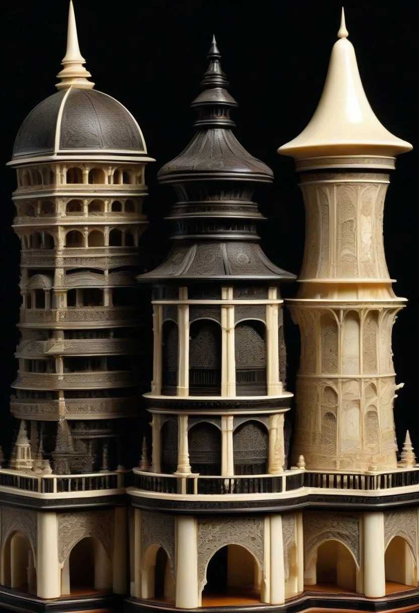 (masterpiece, detailed:1.2), best quality, intricate tower, made out of, ebony, ivory, scrimshaw, bone carving