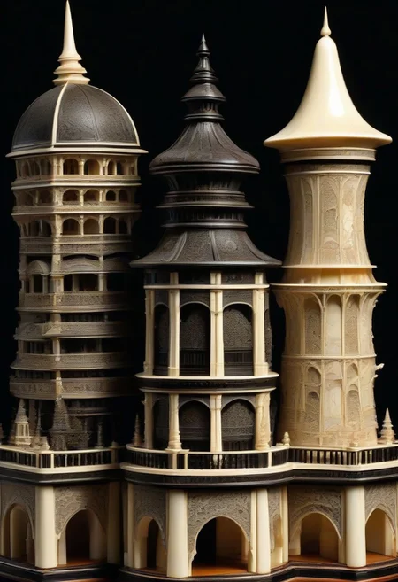 (masterpiece, detailed:1.2), best quality, intricate tower, made out of, ebony, ivory, scrimshaw, bone carving