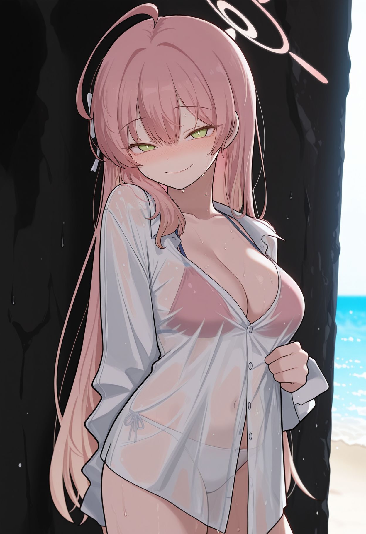 1girl, solo, hanako \(swimsuit\) \(blue archive\), pink hair, ahoge, long hair, wet, wet hair, 
white background, simple background, nose blush, smile, looking at viewer, cowboy shot, cleavage, bikini, 
,masterpiece, best quality, amazing quality, very aesthetic, absurdres, newest, scenery, <lora:성다_style_r1:1>