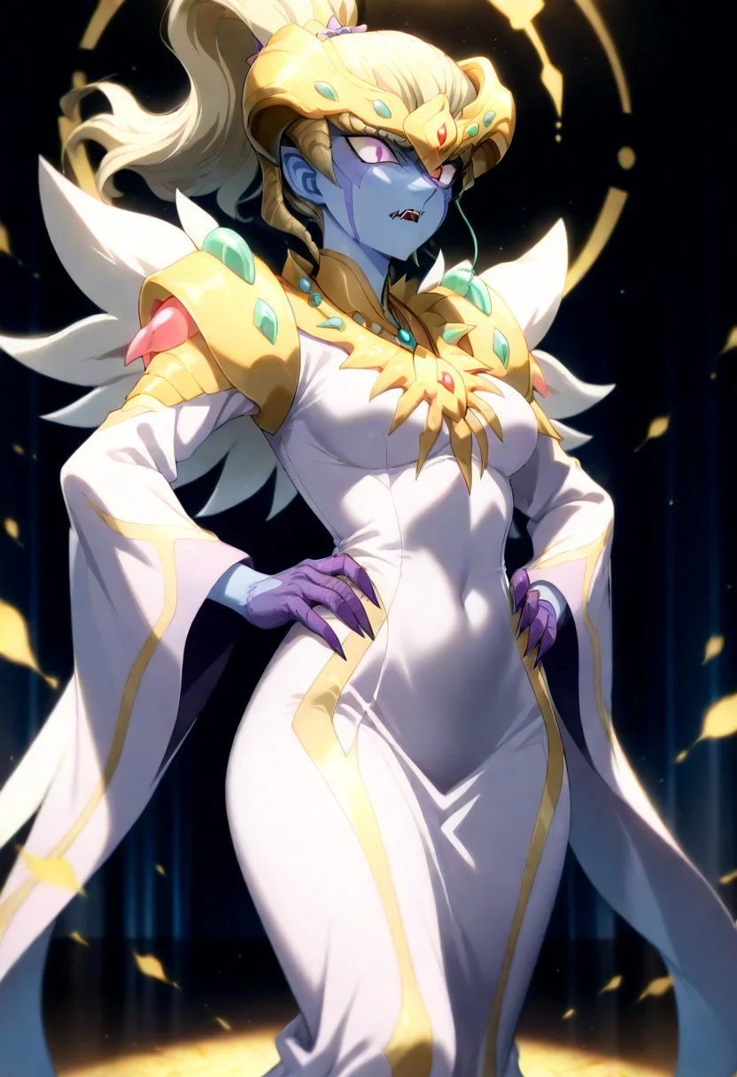 (masterpiece), best quality, highres, extreme detail, ultra detailed, illustration,cute, digital art, rich colors,volumetric lighting,good quality, very aesthetic, absurdres,source anime, 4k, HD, newest,BREAK nsfw,masterpiece, ambient occlusion, raytracing, soft lighting, blum effect, masterpiece, absolutely eye-catching, particles, glow, shining, intricate cinematic background, (beautiful face), BREAK masterpiece, highly detailed,1girl,beautiful eyes,detailed eyes,detailed pupils,perfect body,colored skin,dispersion (optics),BREAK 1girl,kazarina,bakugan,blue skin,jewelry,shoulder armor,gold headdress,golden necklace,blonde hair,ponytail,purple eyes,slit pupils,fangs,purple claws,claws,long dress,wide sleeves,horns,hands on hips,angry face,dark background,<lora:spo_sdxl_10ep_4k-data_lora_webui:0.6> <lora:ponyv5_noobV065S_1_adamW-000013:0.7>