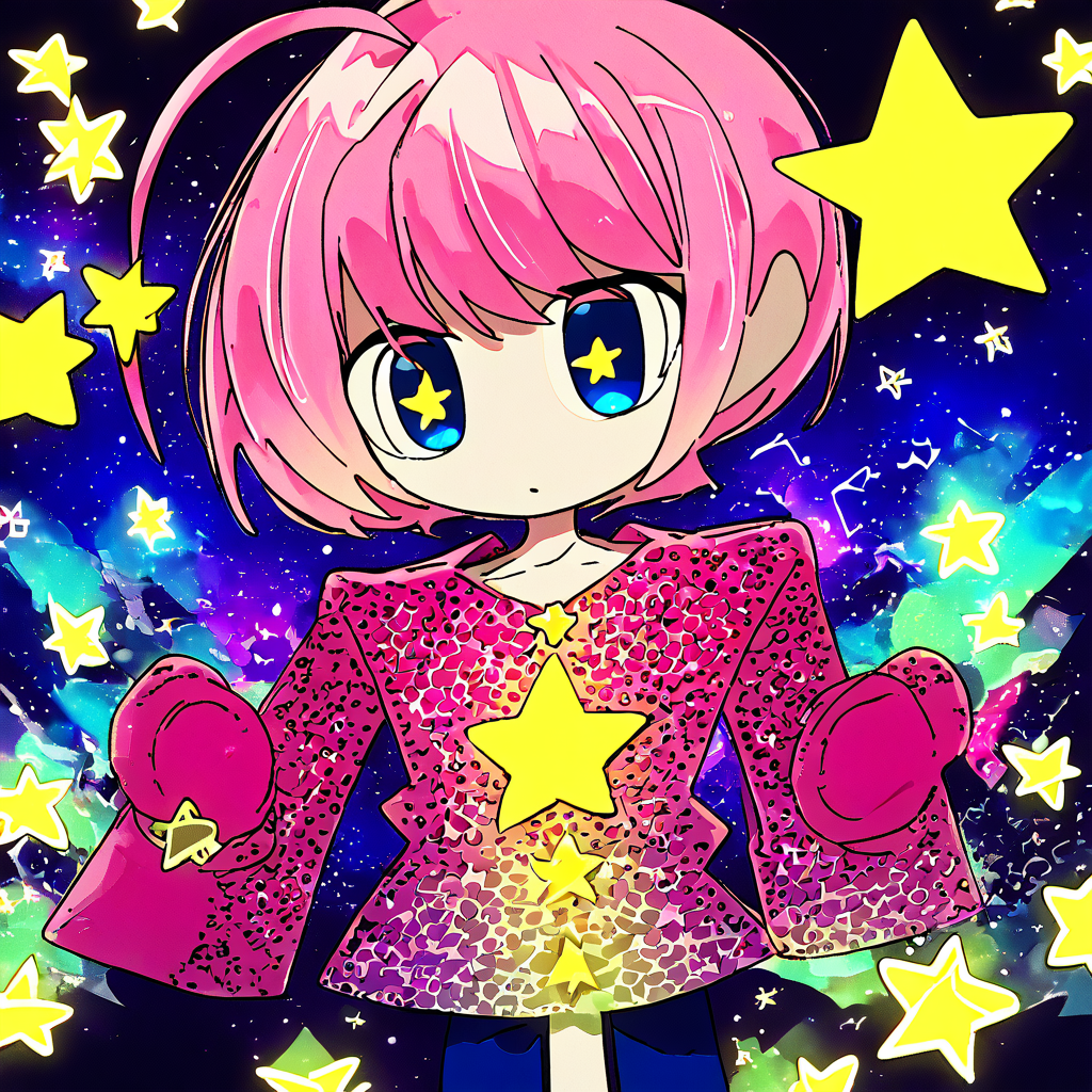 <lora:MITSUKADO:1.29>  vibrant colors, 
 <lora:Kirby_Gijinka:1> pink hair, solo, blue eyes, 1boy, short hair, star (symbol), ahoge
