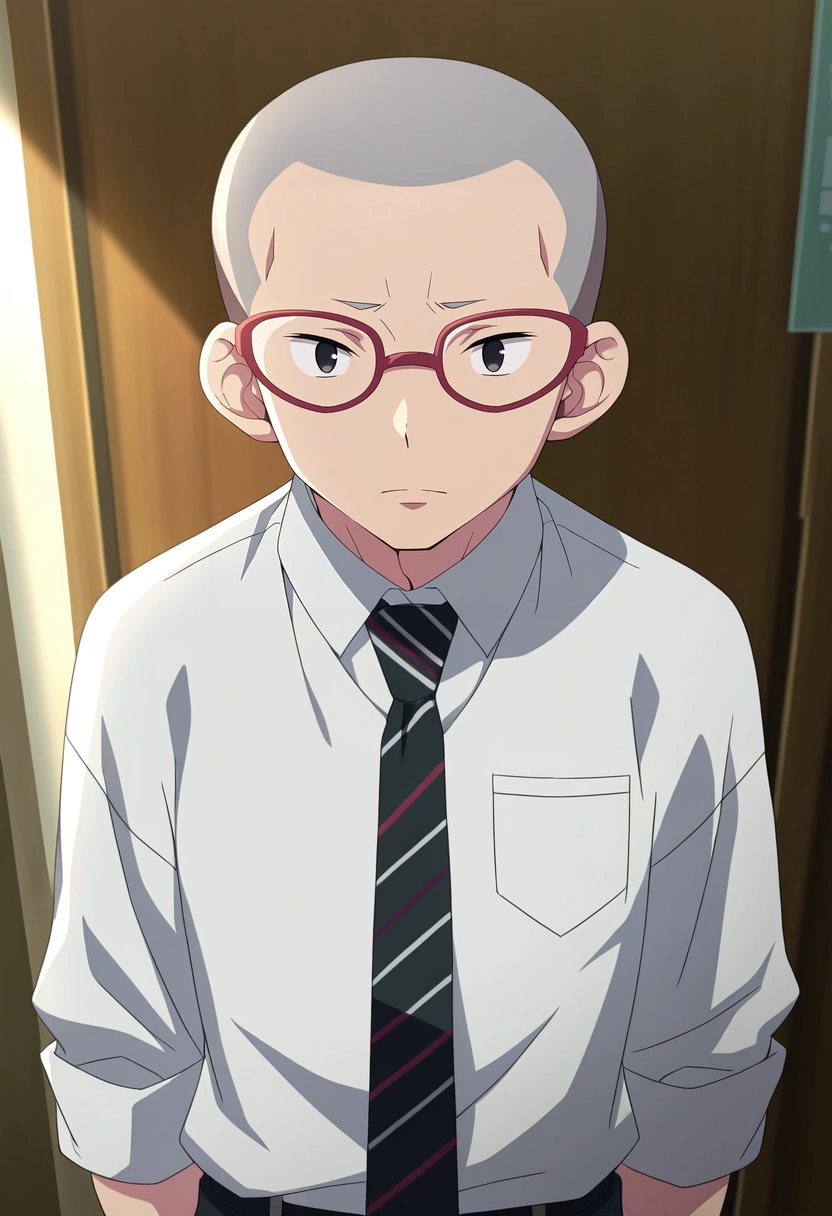 masterpiece, best quality, , , looking at viewer, 1boy, solo, male focus, <lora:konekomaru_miwa_ilxl:1>, konekomaru_miwa, grey hair, black eyes, bald, glasses, red-framed eyewear, white shirt, collared shirt, black necktie, striped necktie, ,