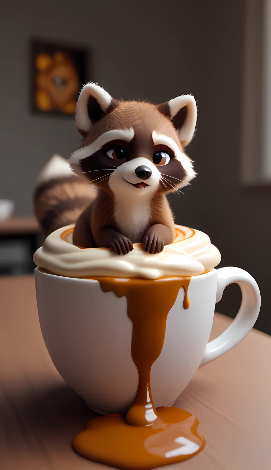 score_9, score_8_up, score_7_up, A captivating 3D render of a coffee cup, brimming with a whimsical foam creation that resembles a cute, extra fluffy baby raccoon. The raccoon, with intricate details and expressive eyes, exudes a playful demeanor as it sits atop the frothy coffee. The coffee spills over the edges, forming a golden stream that cascades down, bringing the artwork to life. The blend of reality and imagination in this conceptual art piece showcases the beauty and creativity of coffee art, making it a delightful and imaginative visual experience., conceptual art, photo,