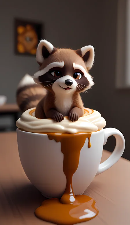 score_9, score_8_up, score_7_up,  A captivating 3D render of a coffee cup, brimming with a whimsical foam creation that resembles a cute, extra fluffy baby raccoon. The raccoon, with intricate details and expressive eyes, exudes a playful demeanor as it sits atop the frothy coffee. The coffee spills over the edges, forming a golden stream that cascades down, bringing the artwork to life. The blend of reality and imagination in this conceptual art piece showcases the beauty and creativity of coffee art, making it a delightful and imaginative visual experience., conceptual art, photo,