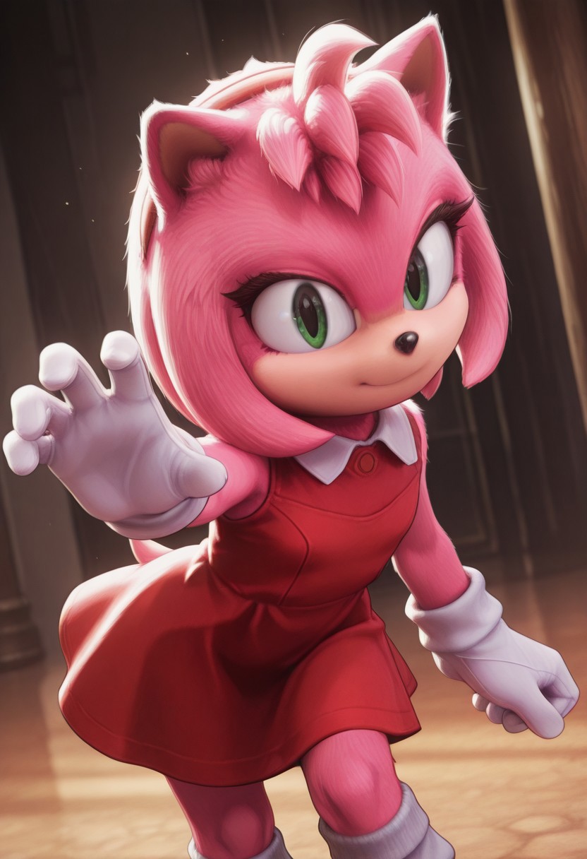 [#furry]side_light, 4k,(masterpiece:1.4), (best quality:1.4), (high resolution:1.4), Ultra HD, HDR, (hyperdetailed), smooth lighting, source_anime, very aesthetic, intricate details, intense, highres, vibrant colors, detailed_shadows, detailed_reflections, high-quality textures, depth of field, good shading, studio quality, epic lighting, digital illustration, path_tracing, rtx_on_styled_lighting_and_reflections, <lora:add-detail-xl:1>,official art, looking at viewer, unblurred, perfect composition, intricate details, incredibly absurdres, [sonic (series), 1girl, <lora:Movie Amy-IL:1> 4myr0se, FURRY young, anthro, pink hedgehog, petite, ((skinny)), green eyes, show accurate proportions, long eyelashes, thick eyelashes,soul, emotions, detailed perfect animal nose, perfect face and eyes,"detailed eyes,seductive eyes,perfect eyes,green eyes", perfect eyebrows, eyelashes, soul, lifeful, "furry, detailed body fur, pink fur, hedgehog pointy ears",detailed red hairband,"perfect hands,perfect detailed fingers,detailed white gloves, goldrings on her wrists", "👗,red short sundress, collared dress, sleeveless dress, bare shoulders", "red footwear, white socks", (ง︡'-'︠)ง,fighting stance, 🥊,👊, dynamic pose, cowboy shot, shaded, beautiful lighting, detailed eyes, perfect eyes,standing,action pose,fighting stance,leaning forward,looking at viewer,dynamic pose,reaching towards viewer,cowboy shot,multicolored background,dutch angle,MarvelRivals,screenshot]