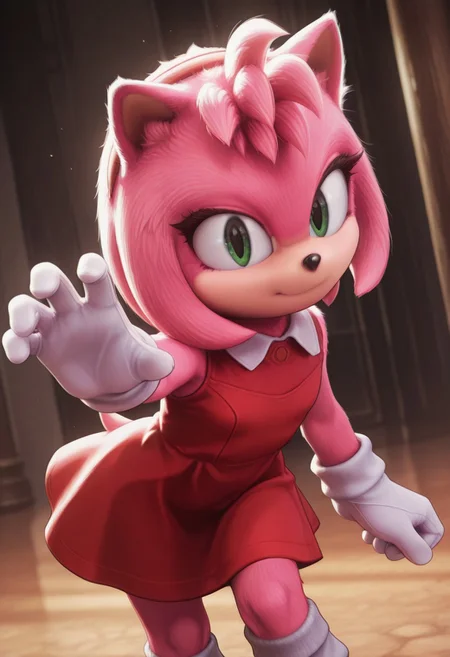 [#furry]side_light, 4k,(masterpiece:1.4), (best quality:1.4), (high resolution:1.4), Ultra HD, HDR, (hyperdetailed), smooth lighting, source_anime, very aesthetic, intricate details, intense, highres, vibrant colors, detailed_shadows, detailed_reflections, high-quality textures, depth of field, good shading, studio quality, epic lighting, digital illustration, path_tracing, rtx_on_styled_lighting_and_reflections, <lora:add-detail-xl:1>,official art, looking at viewer, unblurred, perfect composition, intricate details, incredibly absurdres, [sonic (series), 1girl, <lora:Movie Amy-IL:1> 4myr0se, FURRY young, anthro, pink hedgehog, petite, ((skinny)), green eyes, show accurate proportions, long eyelashes, thick eyelashes,soul, emotions, detailed perfect animal nose, perfect face and eyes,"detailed eyes,seductive eyes,perfect eyes,green eyes", perfect eyebrows, eyelashes, soul, lifeful, "furry, detailed body fur, pink fur, hedgehog pointy ears",detailed red hairband,"perfect hands,perfect detailed fingers,detailed white gloves, goldrings on her wrists", "👗,red short sundress, collared dress, sleeveless dress, bare shoulders", "red footwear, white socks", (ง︡'-'︠)ง,fighting stance, 🥊,👊, dynamic pose, cowboy shot, shaded, beautiful lighting, detailed eyes, perfect eyes,standing,action pose,fighting stance,leaning forward,looking at viewer,dynamic pose,reaching towards viewer,cowboy shot,multicolored background,dutch angle,MarvelRivals,screenshot]