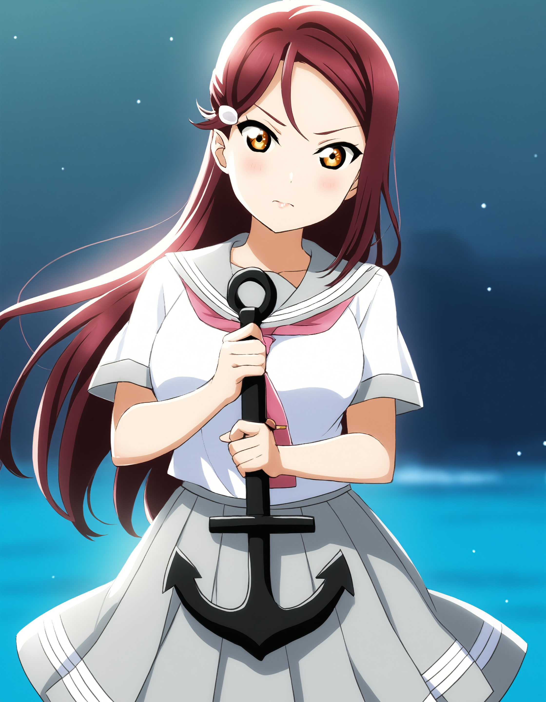 <lora:Koto-Umi-Riko-Shizu-Setsu-LLAS-LyCORIS-AnimagineXLV31:0.8> <lora:Perfect Hands:1> <lora:HandFineTuning_XL:0.6> <lora:add-detail-xl:1> <lora:holding_anchor:0.6:0.6:lbw=ALL-OUTS>
1girl, looking at viewer, upper body BREAK
(riko-llas:1.3) BREAK
big pupils, large breasts, narrow waist, lips, blush, serious BREAK
(s-ura:1.1), summer uniform, white serafuku, short sleeves, collarbone, (midriff, navel:0.8) BREAK
red necktie BREAK
grey miniskirt, pleated skirt BREAK
(holding_anchor:1.2), anchor, ocean, blue sky BREAK
(masterpiece, absurdres:1.2), very aesthetic, perfect anatomy, perfect lighting, Perfect Hands, cinematic light, light particles, (depth of field, blurry background:1.2), lens flare, sunbeam