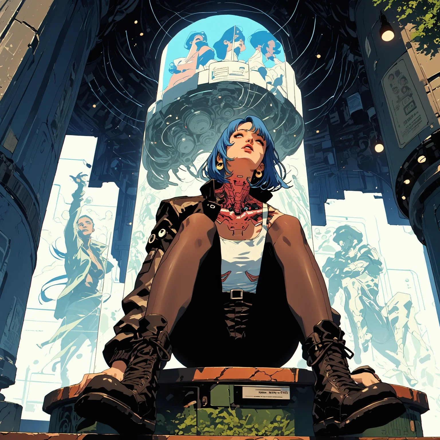 score_9, score_8_up, score_7_up, score_6_up, source_anime, 2d, young woman, cutie girl in a futuristic setting, cyberpunk, blue hair, black leather jacket, tight pants, boots, bar interior, night time, lights, exquisite composition and lighting, intimate close-up, flawless composition and lighting, timeless nostalgia, refined aesthetic, tranquil vibe, effortless posture, reclining, mind-bending surrealism, smooth tonal gradients, perfectly balanced composition, ethereal dreamscape, seamless textures, cinematic perspective, dramatic illumination, 75mm cinematic lens, rich Technicolor hues, Panavision scope, widescreen clarity, ultra-sharp focus, minute details, 8k ultra-HD, high dynamic range, hyperrealism, ultra-realistic, iconic visual, cinematic frame, premium color grading, deep focus, lens bloom, intensified post-effects, neo-retro anime style:1.5. retro anime art style:1.5, masterpiece, extreme ambience, rich shadows. (high quality, full hd, 4k, absurdres)