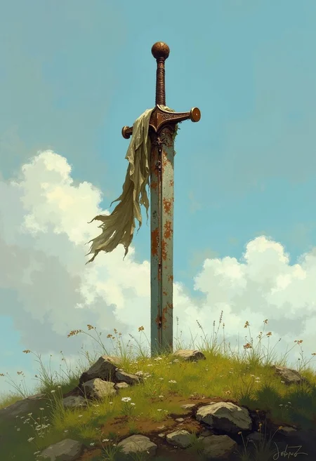 DB4RZ style painting digital illustration of a massive, weathered greatsword stands embedded in the earth atop a grassy hill, the worn, ancient blade angled slightly toward the sky. The sword is heavily scarred and rusted from time, its once grand, imposing form now a relic of past battles. A tattered cloth is wrapped around the hilt, fluttering gently in the breeze. digital art, dark fantasy, realistic lighting and textures, muted colors, soft natural lighting, (masterpiece, best quality, ultra detailed:1.3), detailed Illustration, official artwork, wallpaper, official art