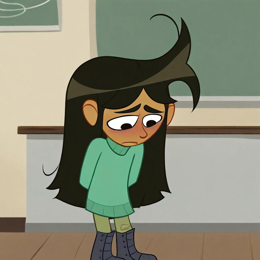 masterpiece, best quality, libby_st, dark-skinned female, black hair, long hair, black eyes, turtleneck, pants, boots, shy, blush, looking down, hands behind back, classroom