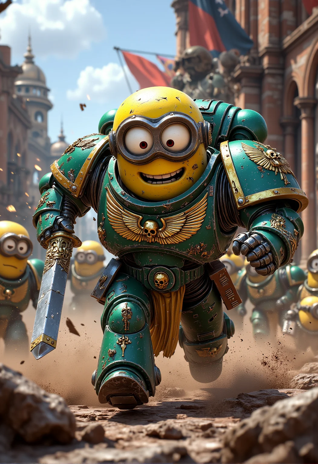 space marine. A short Minion dressed in battle-worn Space Marine armor, chipped but proudly showing Minion insignia and banana-themed purity seals. The Minion is without a helmet (no helmet:2.0), showcasing their iconic Minion goggles, expressive eyes, and wide smile. The Minion is wielding a power sword with a glowing edge, banana-themed pommel and glowing runes. The Minion is depicted in a scene such as: firing a plasma gun at an enemy, the recoil almost knocking them over, but still looking determined and smiling. The Minion's expression is confused but confidently charging forward, goggles shining. The scene should be depicted in a colorful but gritty Warhammer 40k style, with bright yellows and blues to emphasize the Minionsâ classic color scheme. The armor and weapons are detailed with ornate designs, but humor is maintained through Minion-themed accessories and comical touches. Witty details include: purity seals blowing in the wind, some sticking awkwardly to another Minion's back. Background elements should resemble classic Warhammer 40k settings but with a humorous Minion twist, such as: a war zone with banana crates mixed among the supply crates, Minions occasionally peeking out. , <lora:sm2.safetensors:1.0:1.0>