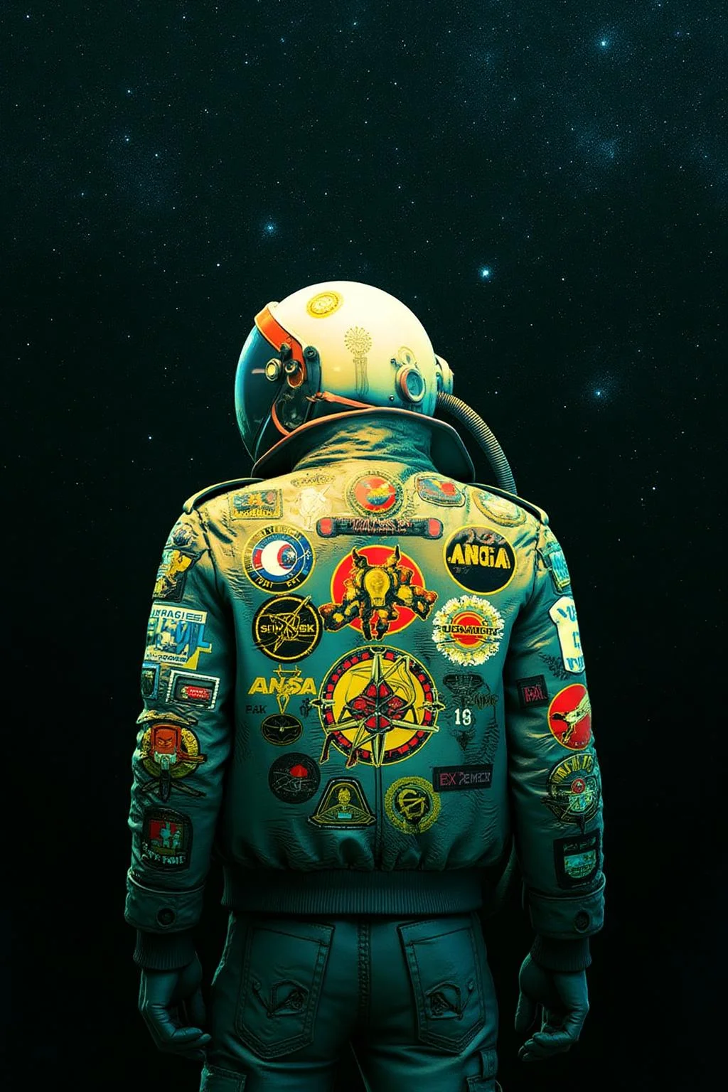 pascalblanche1 illustration.
An astronaut stands facing away from the viewer against a starry sky. The astronaut wears a teal jacket with various patches and insignias, including text like "COOLS" and "ANSA." <lora:pascalblanche1_cap_d8a4:1.0><lora:860255472257649841:0>