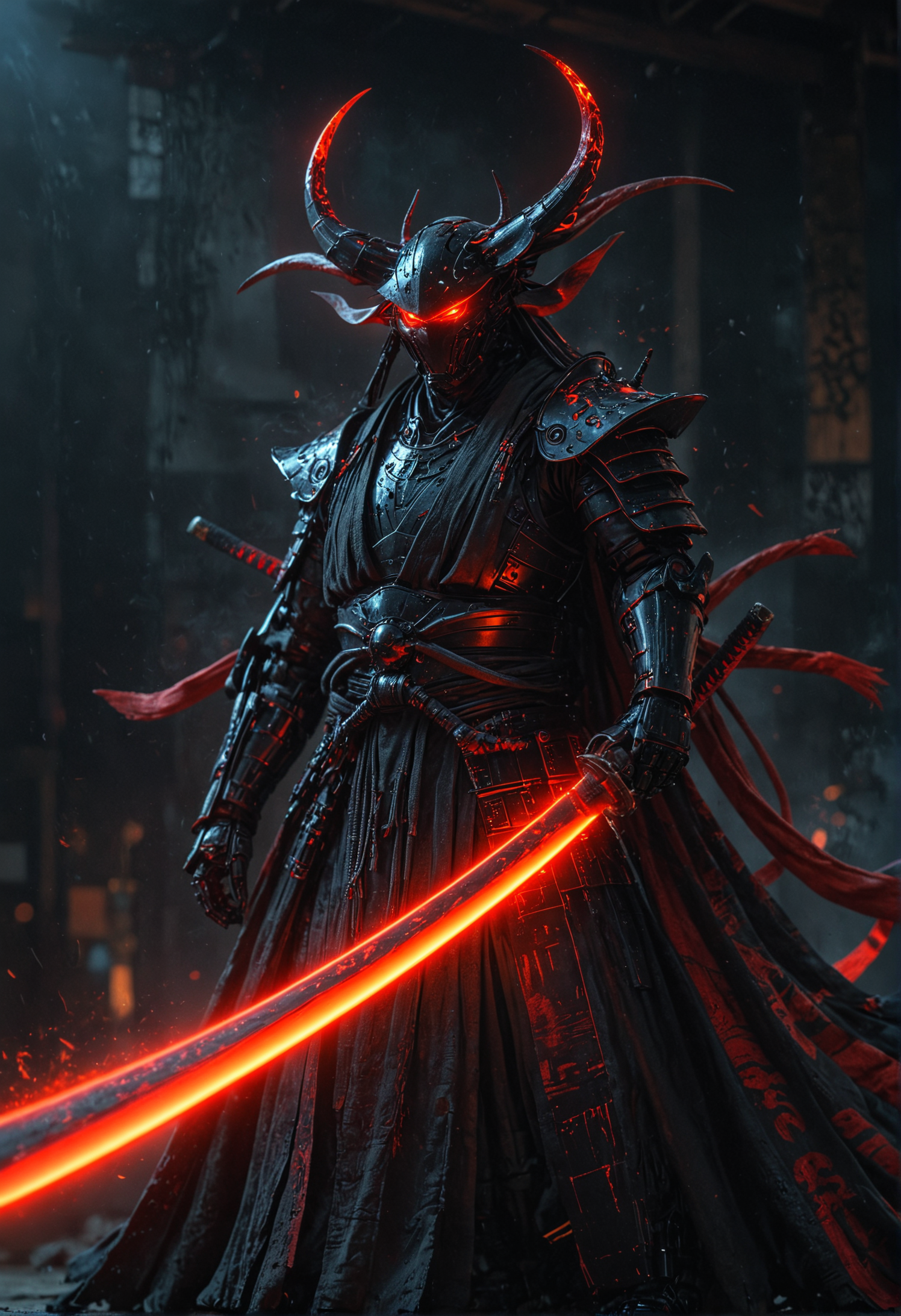 full body, A foreboding futuristic robot figure garbed in black stands, donning a voluminous flowing robe and a sleek helmet with extremely long horns curving backwards, red glowing eyes pierce the dim light, an insanely glowing red massive katana illuminates the area, creating a stark contrast between the sharply defined character and the surrounding shadows, <lora:XL_Weapon_Katana_-_By_HailoKnight:0.5>, <lora:EpicF4nta5yXL:0.6>
