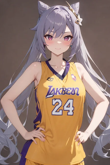 masterpiece, best quality, 1girl, solo,upper body,hands on hips,smile, yellow shirt, basketball uniform,simple background,  <lora:No.24 jersey_xl:1>, keqing \(genshin impact\),