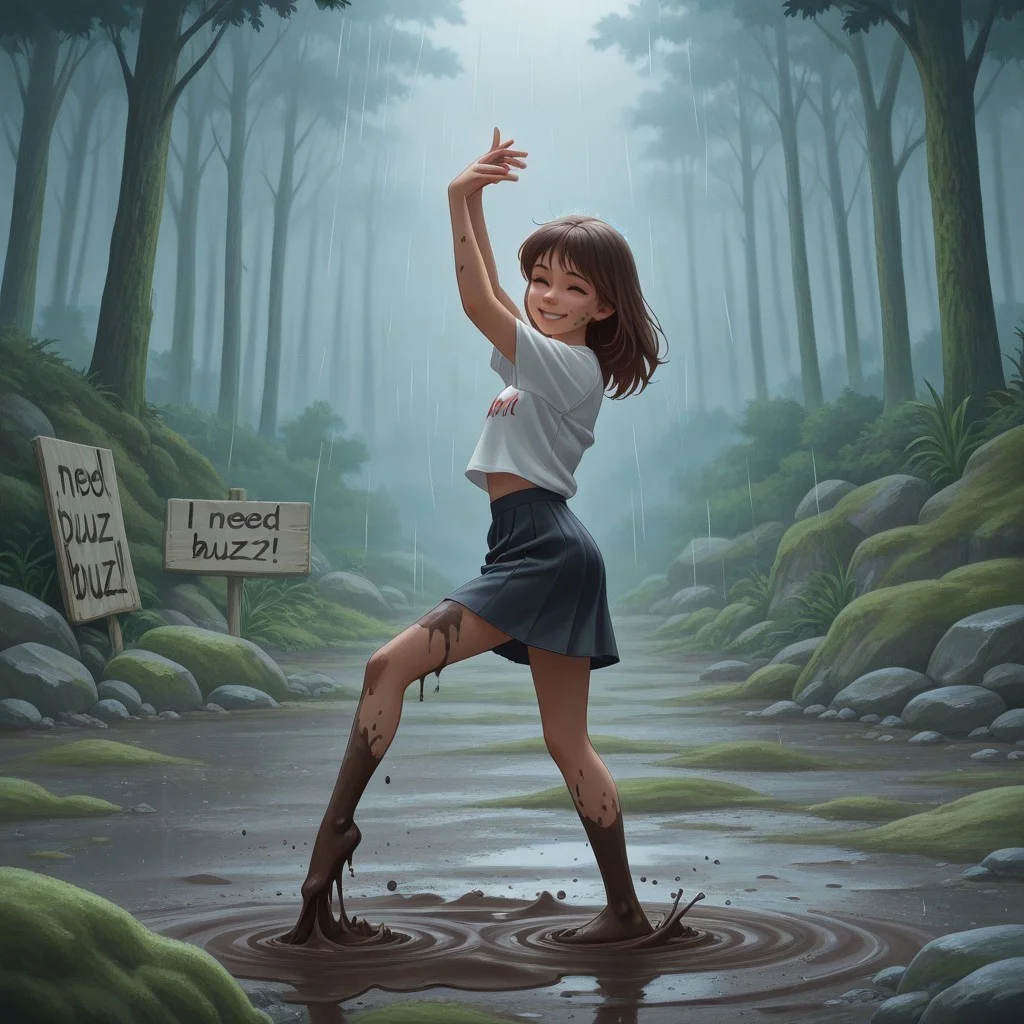 gymnast,dancing for buzz,tshirt,skirt,rain,forest,dancing,mud,moss,stones, need_buzz,"I NEED BUZZ",sign
