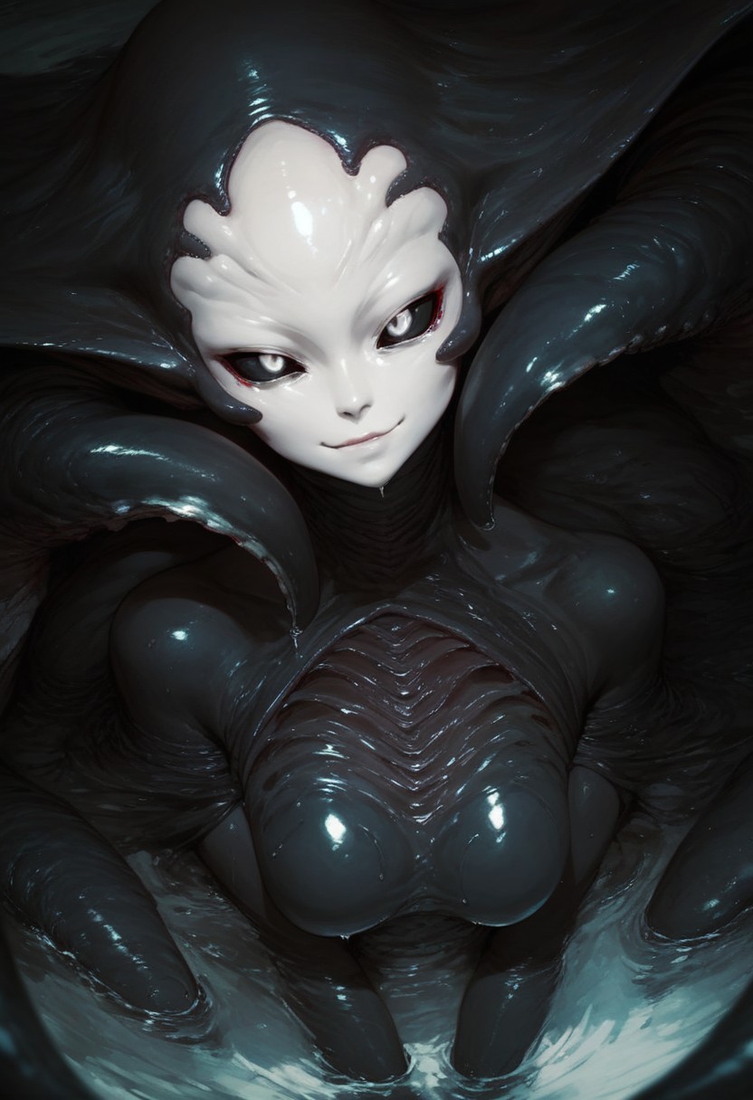 zPDXL2, score_9, score_8_up, score_7_up,  alien monster girl, beautiful face, tentacle hands:1.1, (inside a cave), multiple eyes, ((close up:2)), focus on face, large jellyfish head shape, multiple eyes on head, black body color, long octopus hair:1.2,  tendrils wrapped around breasts, black body, extremely detailed, skin texture, glistening body, small breasts, red scales on body, dripping wet body, oiled, long sleeves, white face, (big ass:0.4), black sclera, (shining white eyes), emerging from water, monster body, black sclera, glossy eyes, arching back, seductive smirk, wicked smile, Expressiveh, from above