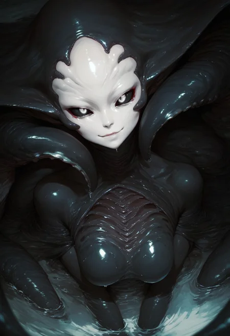 zPDXL2, score_9, score_8_up, score_7_up, alien monster girl, beautiful face, tentacle hands:1.1, (inside a cave), multiple eyes, ((close up:2)), focus on face, large jellyfish head shape, multiple eyes on head, black body color, long octopus hair:1.2, tendrils wrapped around breasts, black body, extremely detailed, skin texture, glistening body, small breasts, red scales on body, dripping wet body, oiled, long sleeves, white face, (big ass:0.4), black sclera, (shining white eyes), emerging from water, monster body, black sclera, glossy eyes, arching back, seductive smirk, wicked smile, Expressiveh, from above